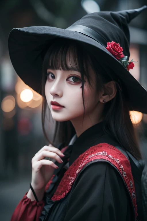 top-quality、8K、masterpiece:1.3、witch girl with a bloom、Red inner color、、a beauty girl、creative、dark fantasy style、Neogos、Goth Fashion:1.2