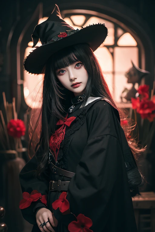 top-quality、8K、​masterpiece：1.3、witch girl with a bloom、Red inner color、、a beauty girl、creative、dark fantasy style、Neogos、Goth Fashion：1.2