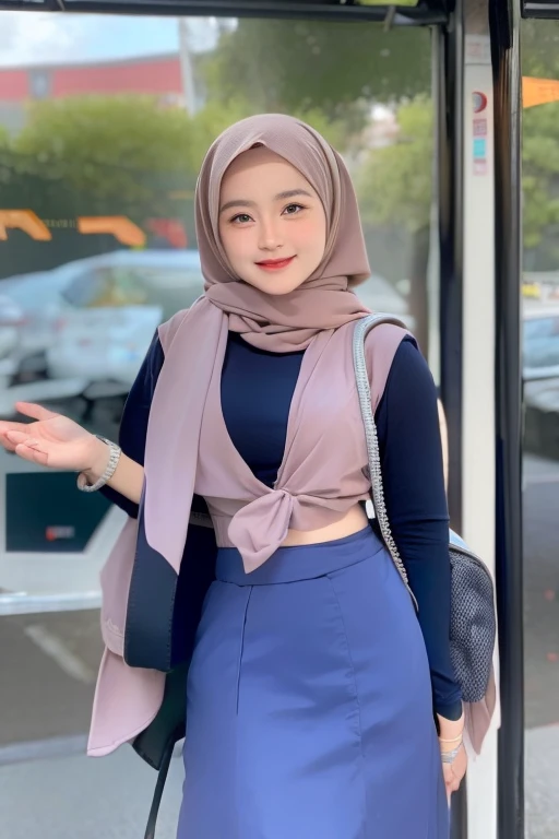 Malay girl wearing a hijab wearing a contemporary polite hijab style, patterned, at college, wearing a backpack, polite, elegant appearance, pose facing the audience, detailed face, detailed skin texture, mole under the eye, breasts are covered, big hips, big waist , big thighs, slim belly, beautiful body, cheerful smile, happy, students in the background, TOKYO city at the Bus Stop , Standing Back to the Bus, in the Morning sunny, bokeh,