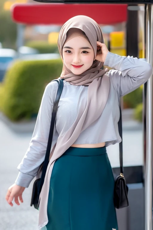 Malay girl wear white hijab, wear pastel grey floral Turtle Neck Tee & Flare Skirt with her friends in bustop, smiling, wear gold necklace, front view, hijab blown, windy, detail skin, age spot, detail skin texture, mole below eyes, small breast, flat chest, wide hips, small waists, thick thighs, slim abs, beautiful body, morning, laughing, happy, bright lighting, people in background, city background, blur background, bokeh, location: busstop