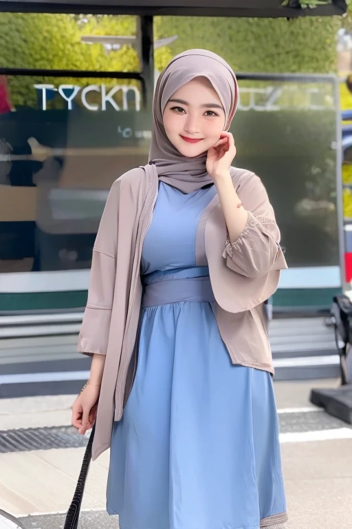 Malay girl wearing a hijab wearing a contemporary polite hijab style, patterned, at college, wearing a backpack, polite, elegant appearance, pose facing the audience, detailed face, detailed skin texture, mole under the eye, breasts are covered, big hips, big waist , big thighs, slim belly, beautiful body, cheerful smile, happy, students in the background, TOKYO city at the Bus Stop , Standing Back to the Bus, in the Morning sunny, bokeh,