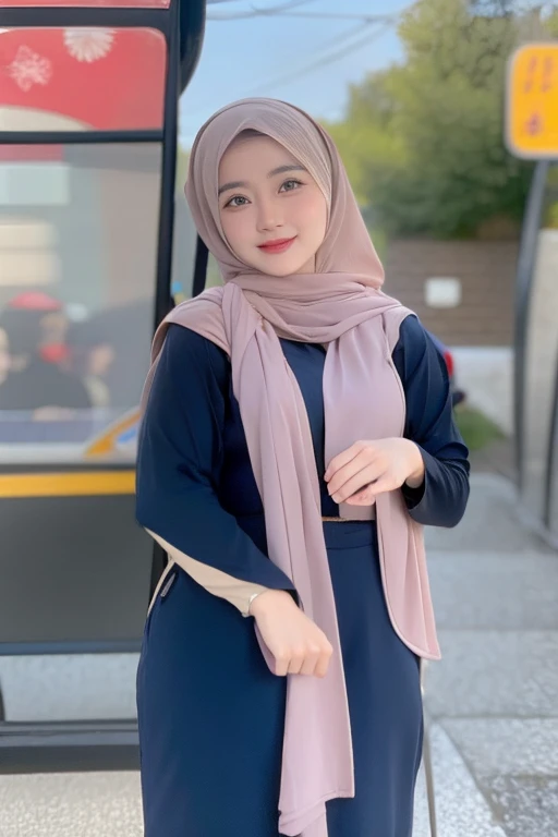 Malay girl wearing a hijab wearing a contemporary polite hijab style, patterned, at college, wearing a backpack, polite, elegant appearance, pose facing the audience, detailed face, detailed skin texture, mole under the eye, breasts are covered, big hips, big waist , big thighs, slim belly, beautiful body, cheerful smile, happy, students in the background, TOKYO city at the Bus Stop , Standing Back to the Bus, in the Morning sunny, bokeh,