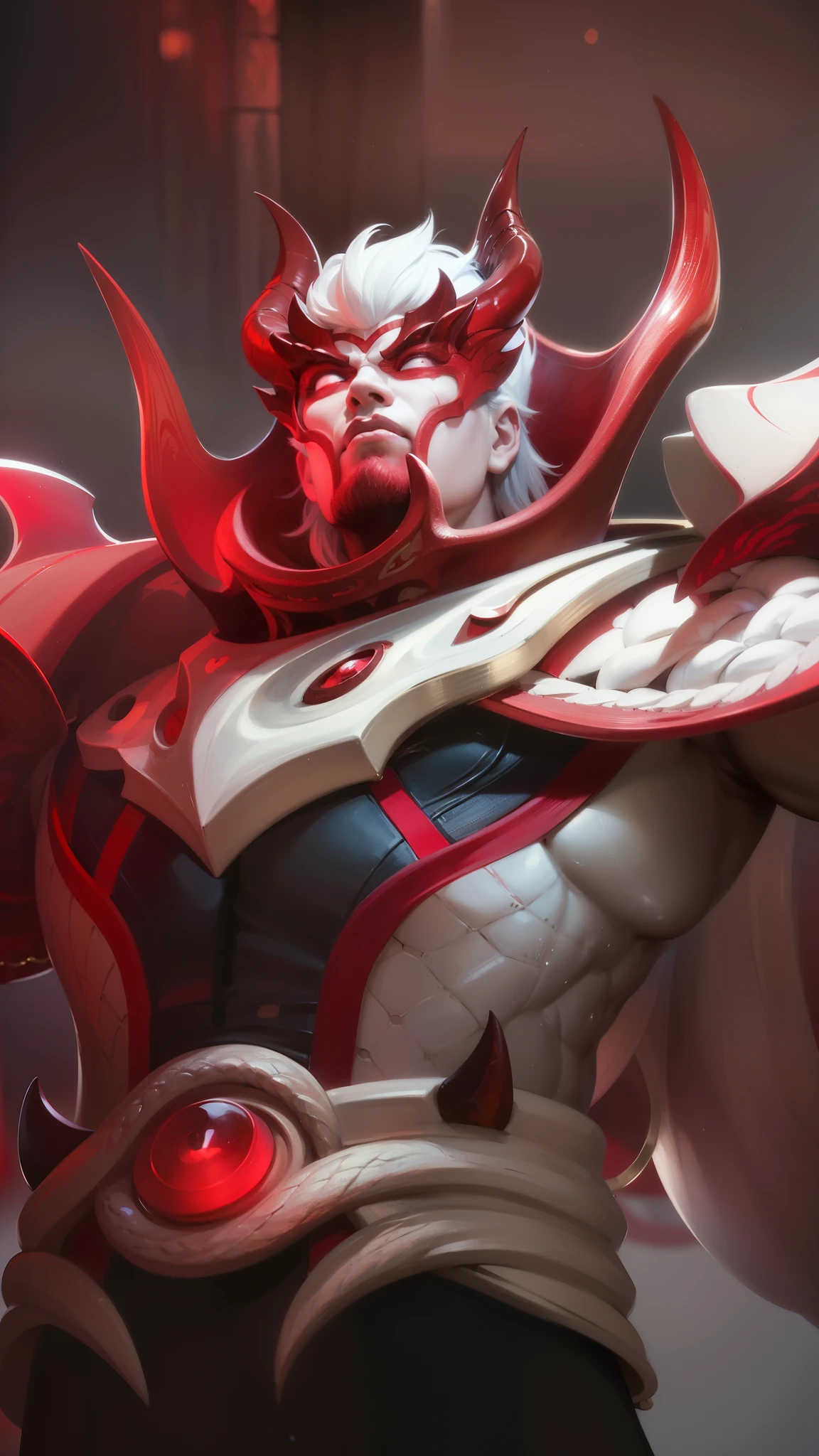 a close up of a man with a red and white costume on, onmyoji portrait, dota 2 concept art, painted portrait of mordekaiser, onmyoji detailed art, inspired by Huang Shen, dota character, dota 2 hero, hero from dota 2, onmyoji, 8k hd wallpaperjpeg artifact, 8 k hd wallpaperjpeg artifact, Best quality, masterpiece, detailed skin texture, detailed clothes texture, detailed face, super detail, 8k, intricate detail, 1 boy, The color doesn't change, Muscle guy, 1 guy, red eyes