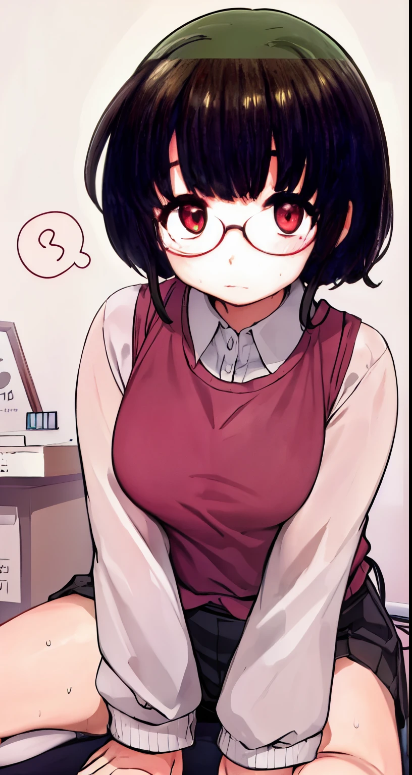 highest quality,(8K Portrait),(Official Art)、obesity、((short hair))、blush,((isark hair)),(Sweat),Black knee socks、One Woman,((:is))、hot、Office Room、Glasses、(Crouch:1.7)、(Wide-open legs:1.5)、whole body、Thin sweater