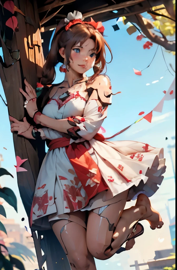 A Female robot is sleeping in tree, spread legs, nude, banzai pose. she wears no dress. She Brown short hair is tied with two big red clothespins, She lifts up the under hem of her white plain dress, leaning over, masterpiece, very short pigtails,brown hair, mature, android, blue eyes, full body figure, Height: 160cm, flushed cheeks, 2020s anime picture, A beautiful robot with short brown hair in two short pigtails held up by two very large huge red clothespins, Uplifting, No NSFW, whole body, barefoot, archaic smile, getting orgasm, 25 years old, sweat bucket.