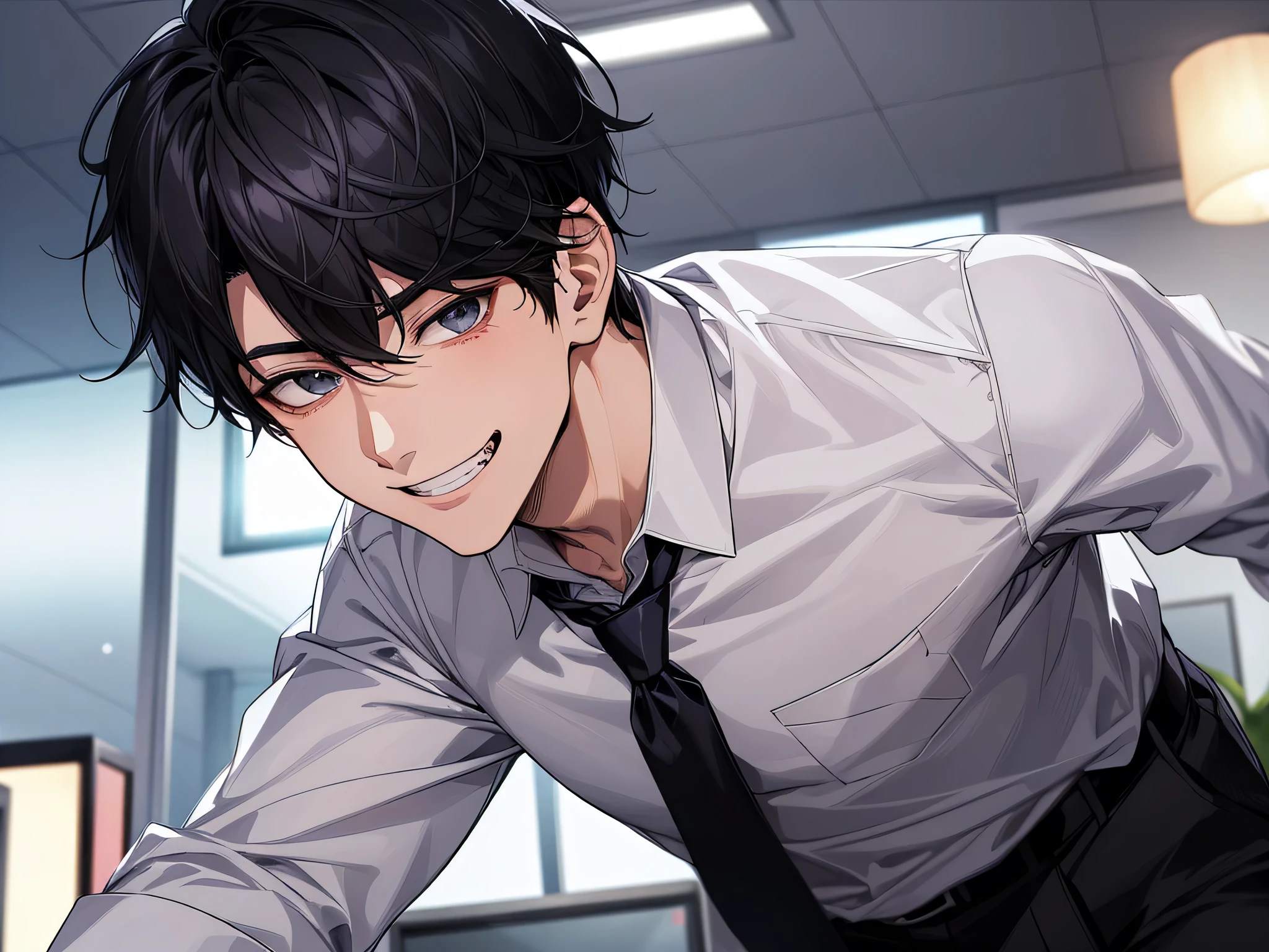 ((night)),Loosen your tie,Background office,Upper Body, Face close-up,30-year-old male,1 boy、Grin,Black Hair、Please loosen the tie,Take off,White Shirt Shirt,,From below,Angle from below,Excited,A tense look,Background office,night