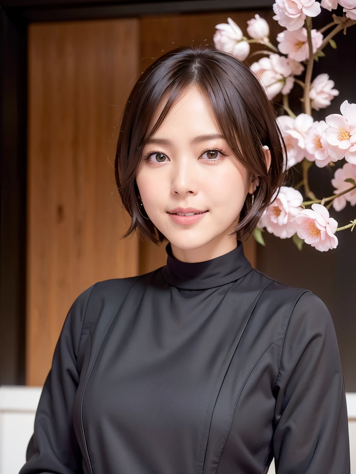 Patterned long sleeve dress、Tabletop、(Black wall on background、In front of the black door:1.4)、((highest quality、8k、masterpiece:1.3))、（Female Duo）、（Japanese）、Japanese woman in her 38s、Ultra-high resolution、(photoGenuineistic:1.4)、RAW Photos、Japanese,(face)、Genuine、Photographed in natural light、Highly detailed face and skin texture、Highly detailed lips、The correct state of the human body、Shortcuts、short hair、short hair、Brown Hair、Various poses、Natural color lip、（横face：1.5）、（Comme des Garçons：1.4）、（cherry blossoms：1.5）