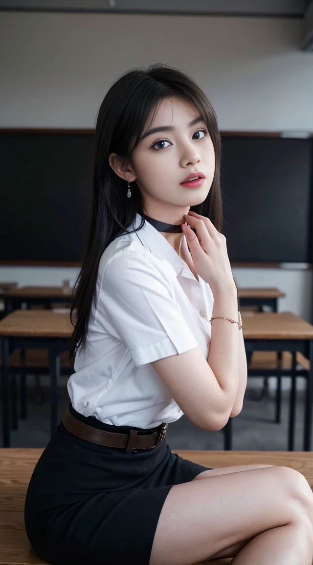 (Masterpiece, best quality, alone, รายละเอียดที่complicated, Chromatic aberration), realistic, ((Moderate breath)), hair on one eye,purple eyes, earring, sharp eyes, choker, (symmetrical eyes),(Perfect symmetrical body),Photo of a beautiful 22 year old girl, Beautiful and charming with contemporary fashion paintings as well..., looking at the audience, ((in the classroom background)), (1 Girl),(black short skirt), (Fitted white short sleeve shirt, Unbuttoning reveals.), ((Short black pencil skirt with side slit)), belt, ((Put your hands down.)),copper blonde hair, bob, round chin, Art lens 85mm, Sharp focus, High resolution 8K, Crazy details, complicated, elegant,sitting on the study table Lift one leg to eye level, legs slightly apart.,big breasts, dyre, big breasts