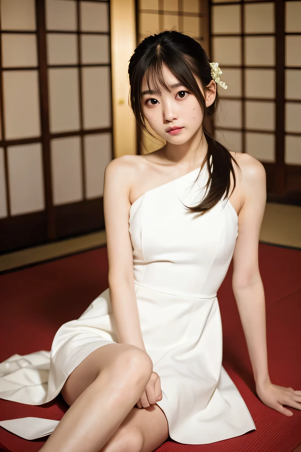 ((highest quality)), ((masterpiece)), (detailed), Perfect Face,Japanese,10th Generation,SLR,Thin arms,Thin legs,White Dress,Night view,Inside the room