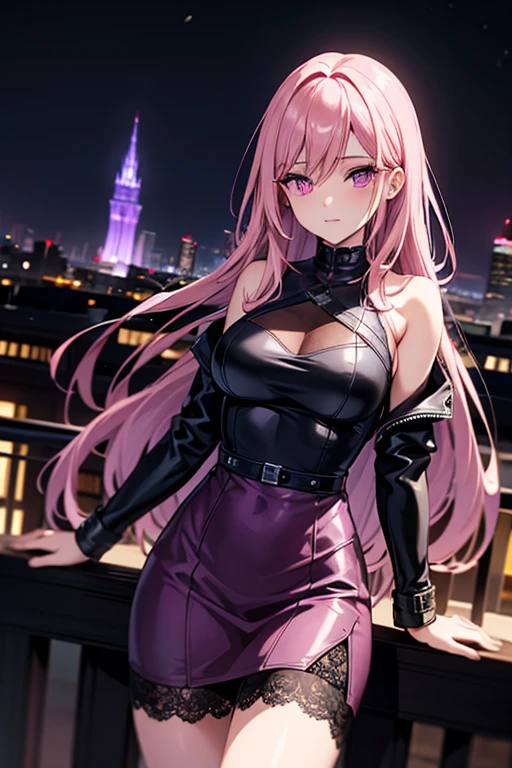 A pink haired woman with violet eyes with an hourglass figure in a leather jacket and lacy dress is hanging out on a balcony in the city at night