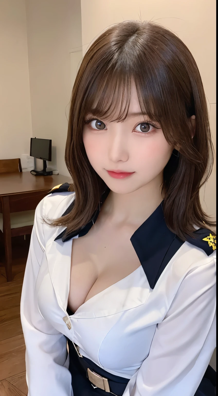 Tabletop, highest quality, One Girl, (beautiful girl:1.3), (18-year-old:1.3), Very good eye clarity, (Symmetrical eyes:1.3), (Police Costume:1.2), Beautiful breasts,Big Breasts，Big Breasts，Visible cracks， Brown eyes, Parted bangs, Brown Hair，Police uniform revealing cleavage，erotic，The finer details