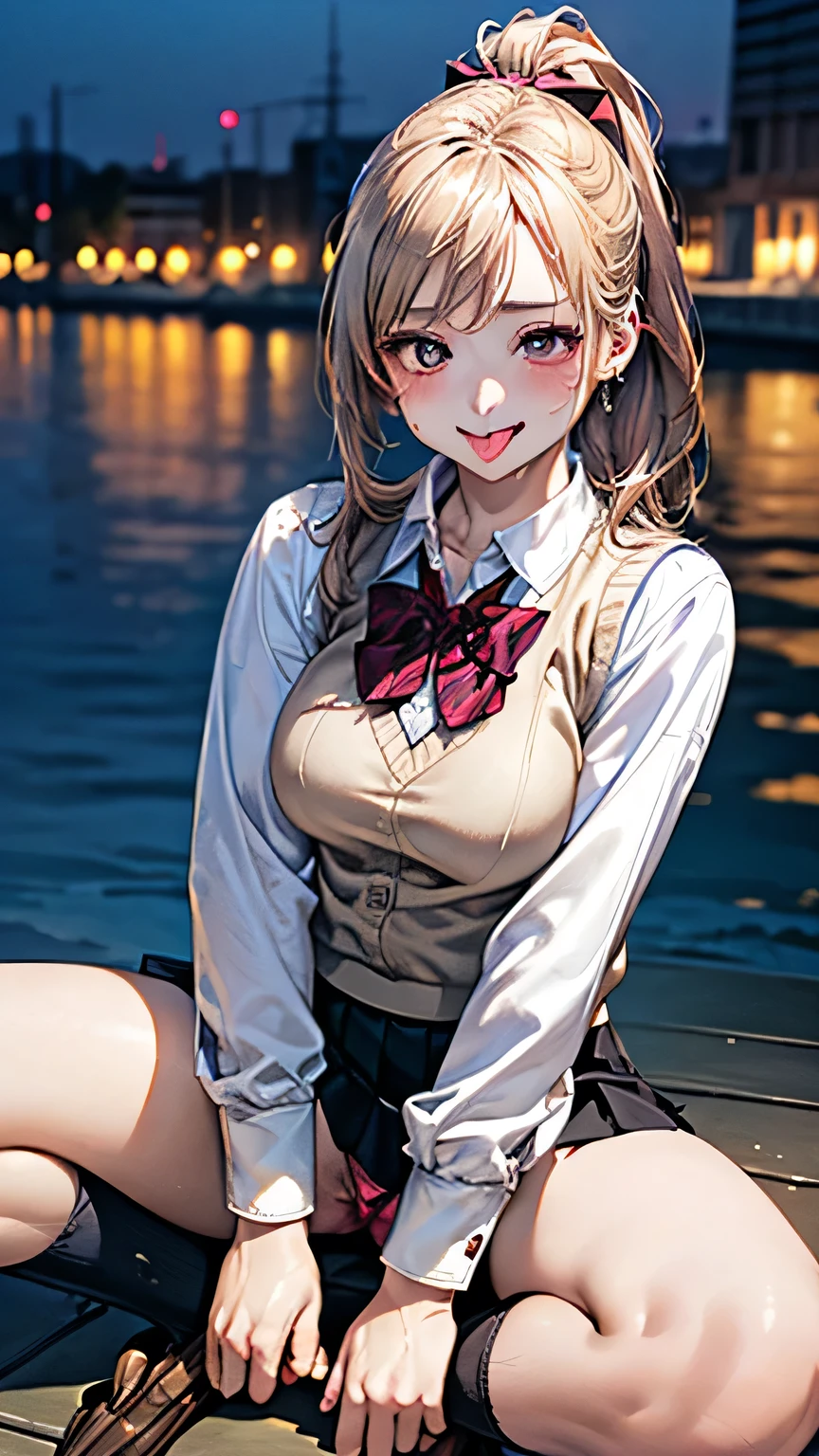 (masterpiece:1.2, highest quality), (Realistic, photoRealistic:1.4), Beautiful illustrations, (Natural Side Lighting, Cinema Lighting), Browsing Caution,
View your viewers, Cowboy Shot, Front view:0.6, 1 girl, Japanese, high school girl, Perfect Face, Cute and symmetrical face, Shiny skin,
(Long Hair:1.8, Twin tails:1.7, Blonde), Parted bangs, Golden Eyes, Long Eyelashes, (Large Breasts:0.8, Thick thighs),
Beautiful Hair, Beautiful Face, Beautiful fine details, Beautiful clavicle, Beautiful body, Beautiful breasts, Beautiful thighs, Beautiful feet, Beautiful fingers,
((((Long sleeve)), Roll up your sleeves, White collared shirt, Navy Pleated Mini Skirt, Black socks, Brown Loafers, Red bow tie, Beige sleeveless knit vest)), Pink Panties,
(Beautiful views), evening, River side, Are standing, (Cute smile, Upward glance), (((Spread your legs wide)))、Spread your legs、Leg spread