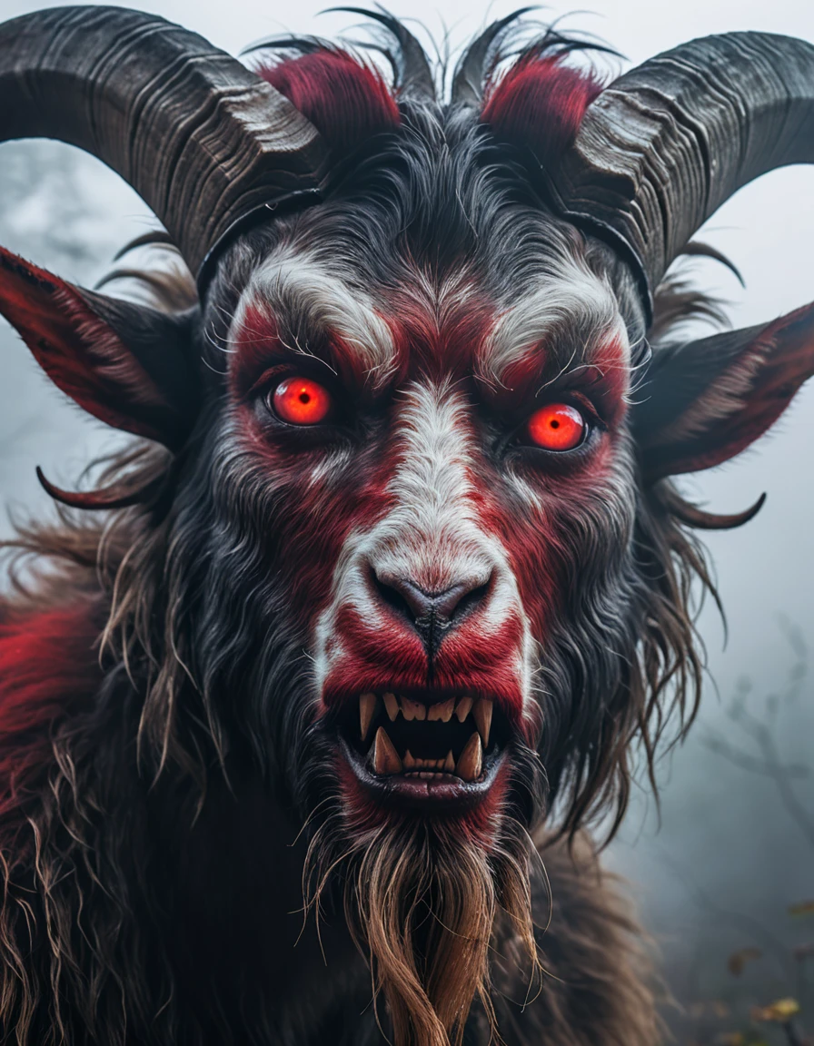 Focus on a close-up of the Goatman's face in the mist, emphasizing his eerie and frightening features. His eyes are glowing red, his face is a mix of human and goat with sharp teeth and large horns, and his expression is menacing, aiming to instill fear.