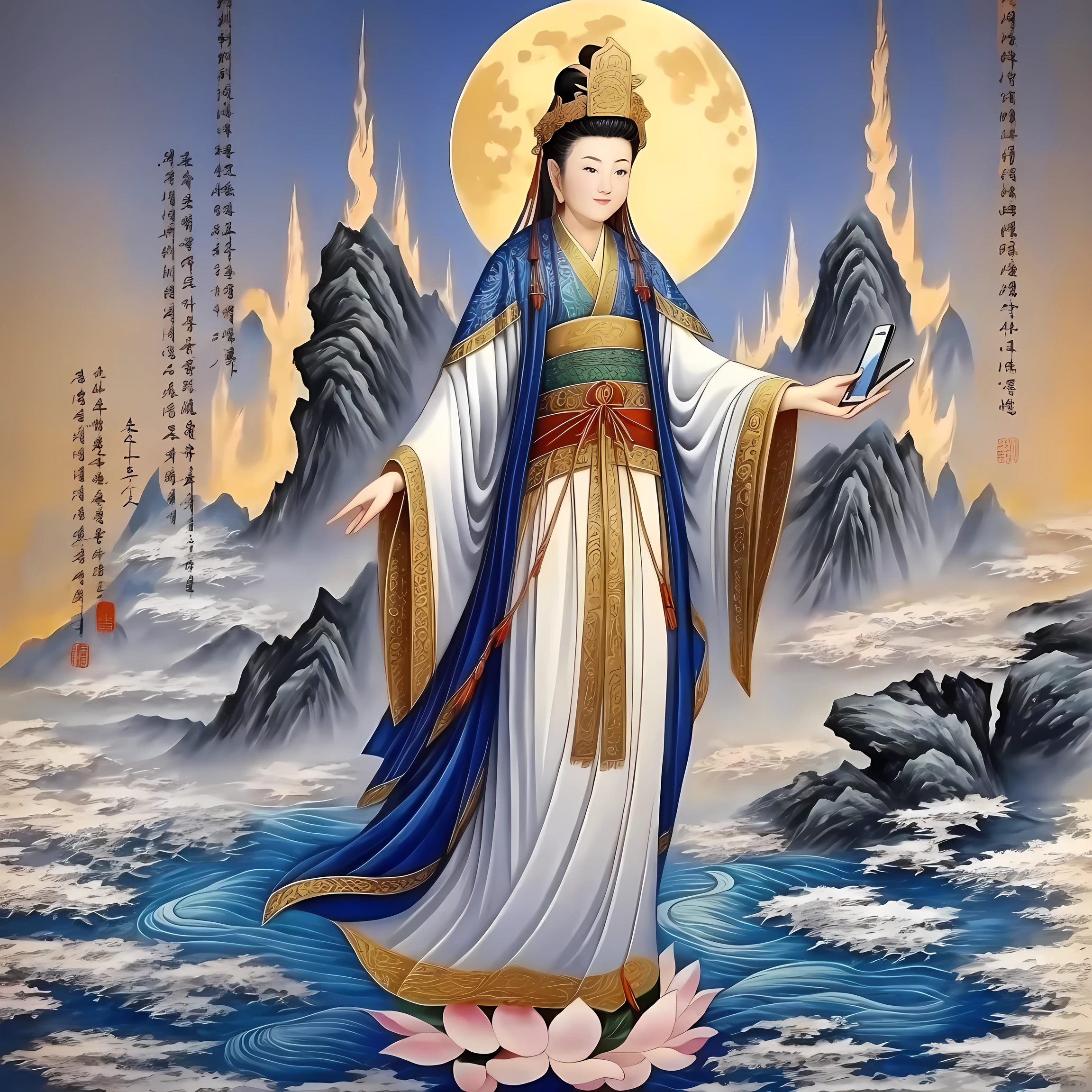 ((best quality)), ((masterpiece)),
((guanyin,1girl)),((chinese text,  text focus,wall of text)),water and mountain, lotus,full moon,hanfu,dress,chinese clothes,