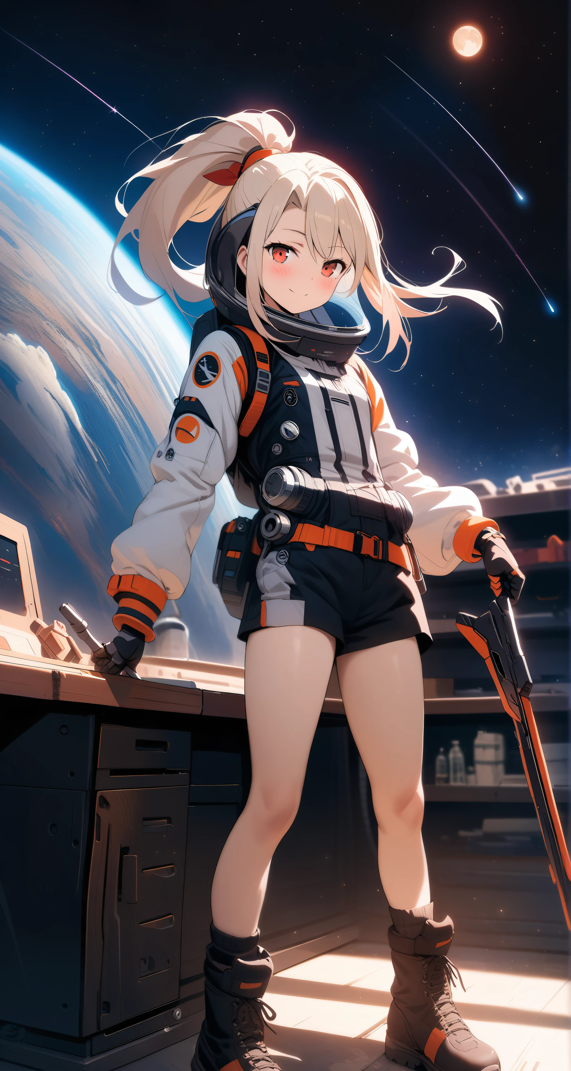high-key and low-variance brightness scale,soft light,realistic light and shadow, light and dark interlaced,(wide shot:1.3),female focus,looking at viewer,dramatic angle,(upper body:1.4),(solo:1.6)
(masterpiece),(best quality),(highres),(by famous artist),(((official art))),(by Paul Hedley),(illustration),(science fiction),(Sci-fi style),(Mechanical style)
1girl,astronaut,(illyasviel von einzbern:1.4),(li:1.3)
(small_breasts),(whole body),(slim legs),(mecha musume),lustrous skin,shiny skin,(detailed beautiful thighs),(articulated fingers)
(space suit),(space helmet:1.5),(combat boots),(belt),(sharp:1.21),
outdoor,in the universe,starry sky,clusters of stars,colorful startrails,shooting star,the Earth,full moon
((seductive smile)),blush,((standing)),(fixing weapon on the workbench:1.4)
(red eyes),
(cream long hair),(ponytail:1.4),(reflective hair)