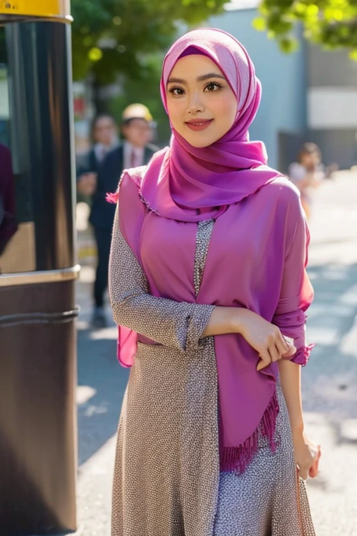 (Close up), RAW, Best quality, high resolution, masterpiece: 1.3), beautiful Malay woman in hijab, Masterpiece, perfect body, Big breasts, thick thighs, beautiful big eyes, mole under the eyes, long eyelashes, big eyes, Soft smile, woman in a pink hijab and jeans stands in a city garden, detailed picture, tartan garment, h 576, long tunic, h 7 0 4, hijab, islamic, e621, doruk erdem, femme, tunic, women full body, checkered motiffs, modern casual clothing, chequered cape, full body picture, illustrious clothes Soft turtleneck, evening walk, City park, Great lighting, Bright colors, Clean lines