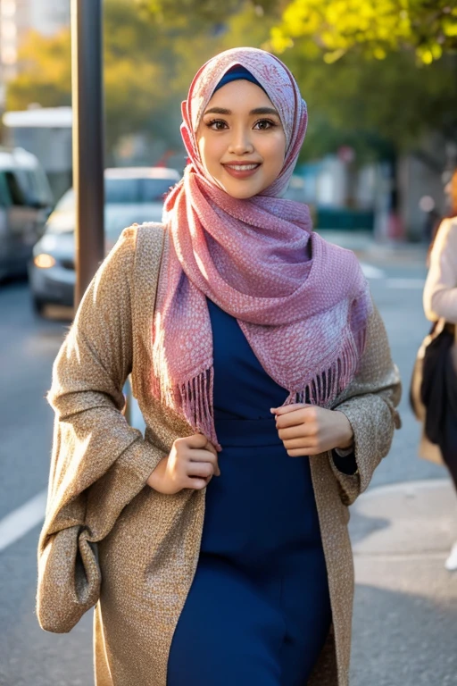 Malay girl wearing a hijab wearing a contemporary polite hijab style, patterned, at college, wearing a backpack, polite, elegant appearance, pose facing the audience, detailed face, detailed skin texture, mole under the eye, breasts are covered, big hips, big waist , big thighs, slim belly, beautiful body, cheerful smile, happy, students in the background, TOKYO city at the Bus Stop , Standing Back to the Bus, in the Morning sunny, bokeh,