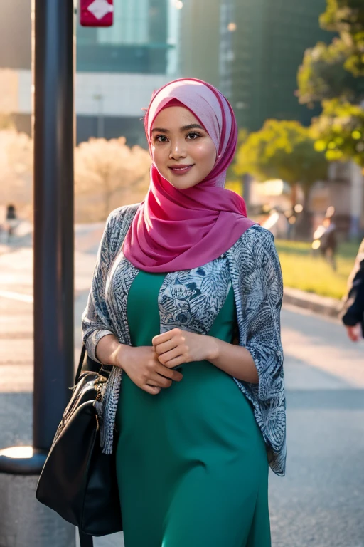 Malay girl wearing a hijab wearing a contemporary polite hijab style, patterned, at college, wearing a backpack, polite, elegant appearance, pose facing the audience, detailed face, detailed skin texture, mole under the eye, breasts are covered, big hips, big waist , big thighs, slim belly, beautiful body, cheerful smile, happy, students in the background, TOKYO city at the Bus Stop , Standing Back to the Bus, in the Morning sunny, bokeh,