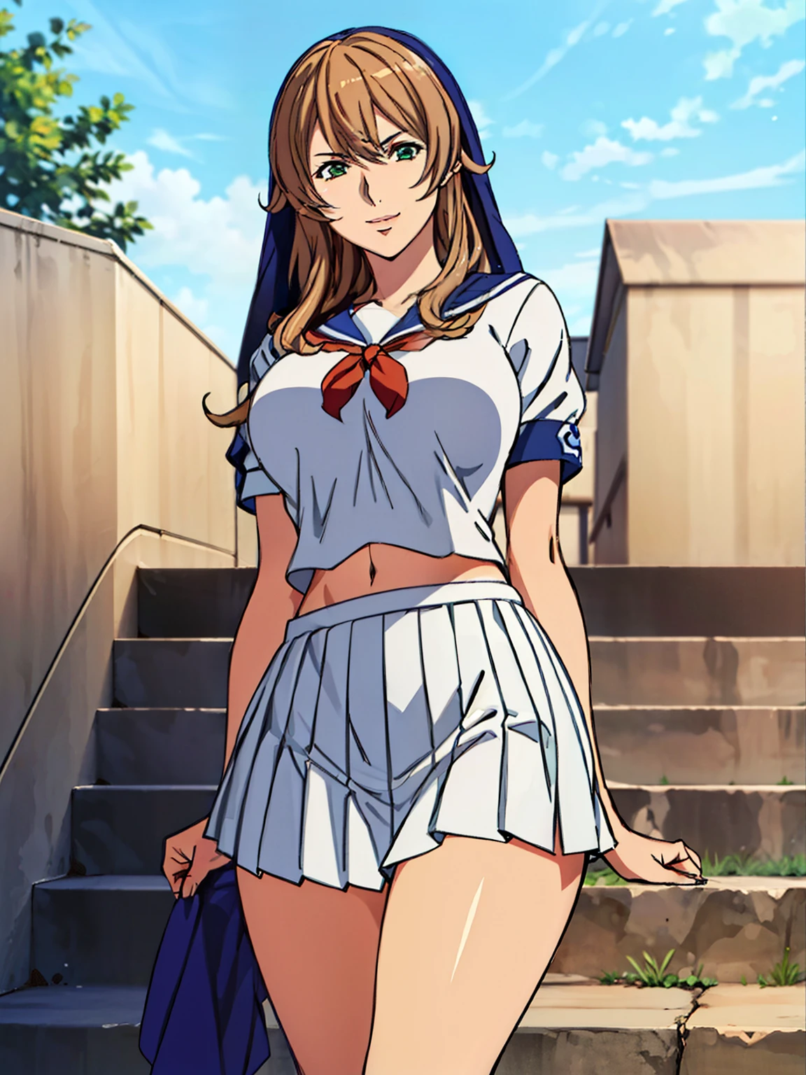sitting on stairs, (white serafuku outfit : 1.5), (blue pleated skirt), white long socks, red shoes, (school outdoor background), Sigui, mature woman, anime cels style, best quality, high resolution, 1girl, (huge breasts:1.2), beautiful face, Beautiful Finger, Beautiful long legs, Beautiful body, Beautiful Nose,Beautiful character design, long hair, (brown hair), Bangs, green eyes, (cowboy shot), smiling, looking at viewer, beautiful hair, beautiful long legs, navel, smiling