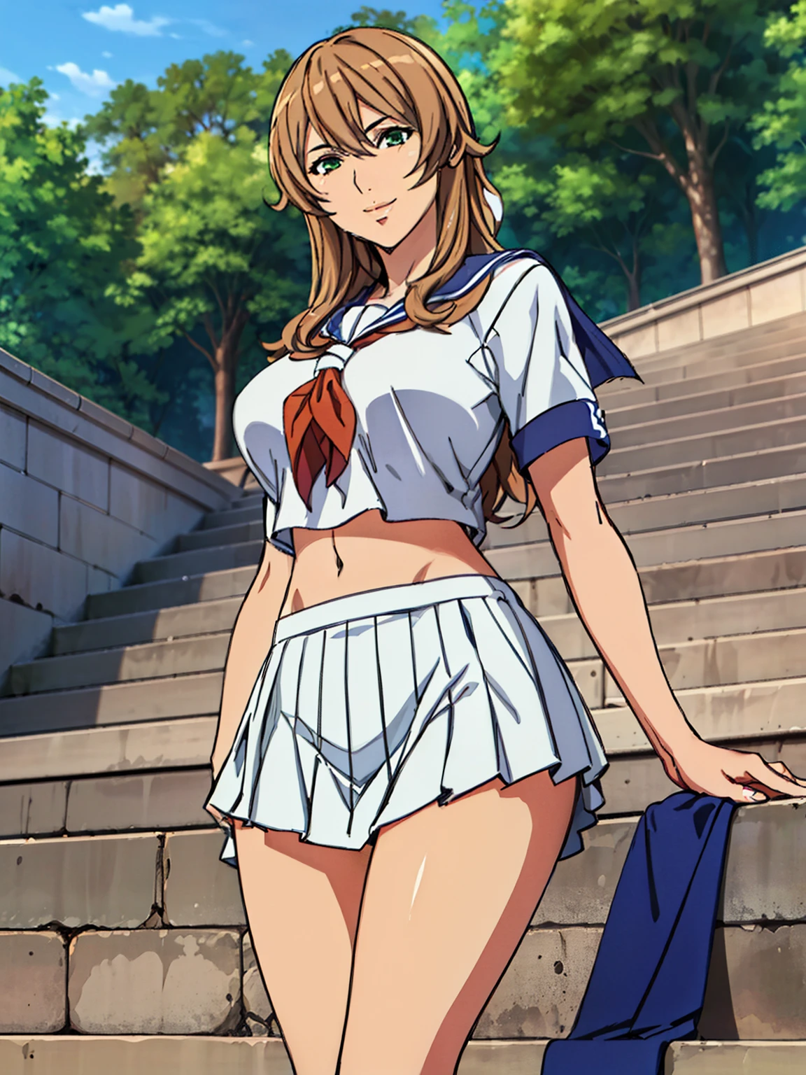 sitting on stairs, (white serafuku outfit : 1.5), (blue pleated skirt), white long socks, red shoes, (school outdoor background), Sigui, mature woman, anime cels style, best quality, high resolution, 1girl, (huge breasts:1.2), beautiful face, Beautiful Finger, Beautiful long legs, Beautiful body, Beautiful Nose,Beautiful character design, long hair, (brown hair), Bangs, green eyes, (cowboy shot), smiling, looking at viewer, beautiful hair, beautiful long legs, navel, smiling