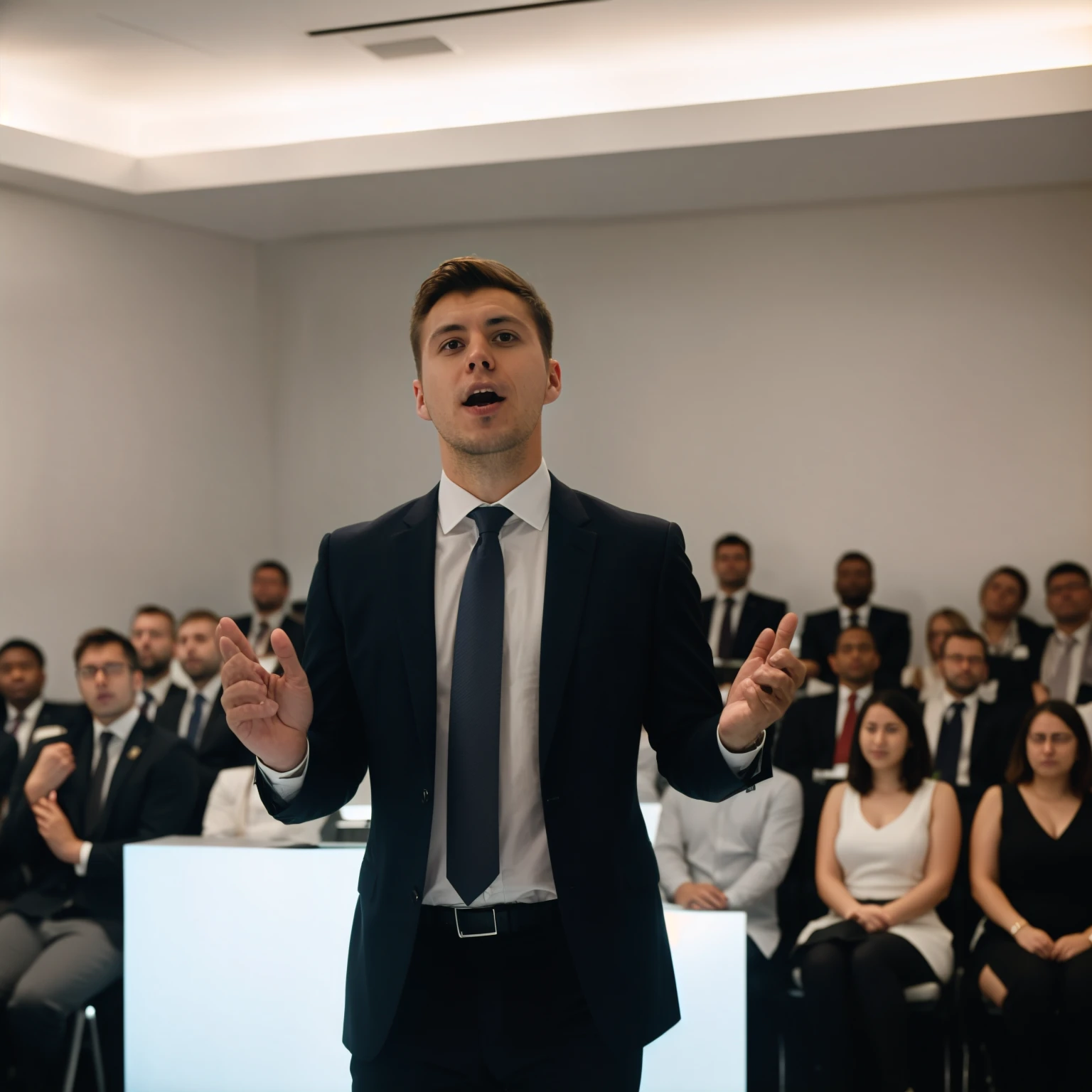 Create an image of a 35-year-old man delivering a speech at a live event. He should appear confident and professional, wearing a stylish dark suit with a crisp white shirt and a tasteful tie. The man has short, neatly styled dark hair and a light beard. He is wearing a lapel microphone. The background features a blurred full room audience in a modern conference hall with lighting that highlights the speaker. His expression should convey enthusiasm and charisma, engaging with his audience in a dynamic setting
