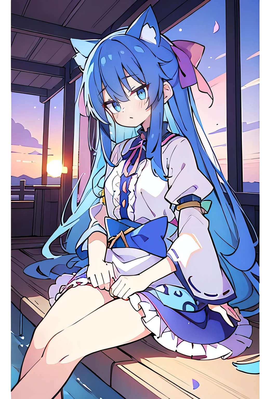 (masterpiece:1.2),Super detailed,Practical,expressive eyes,Fair skin,Perfect face shaping,1 Girl,
Japanese cartoons,Gorgeous blue hair, the long flowing blue hair,Floating clothes,Cat ears,Petals falling,beautiful lola,Young Angel,
Hands on waist,sit elegantly on the ground,Cross your legs,Gentle and peaceful background,Cool and cozy pavilion,Sunset,