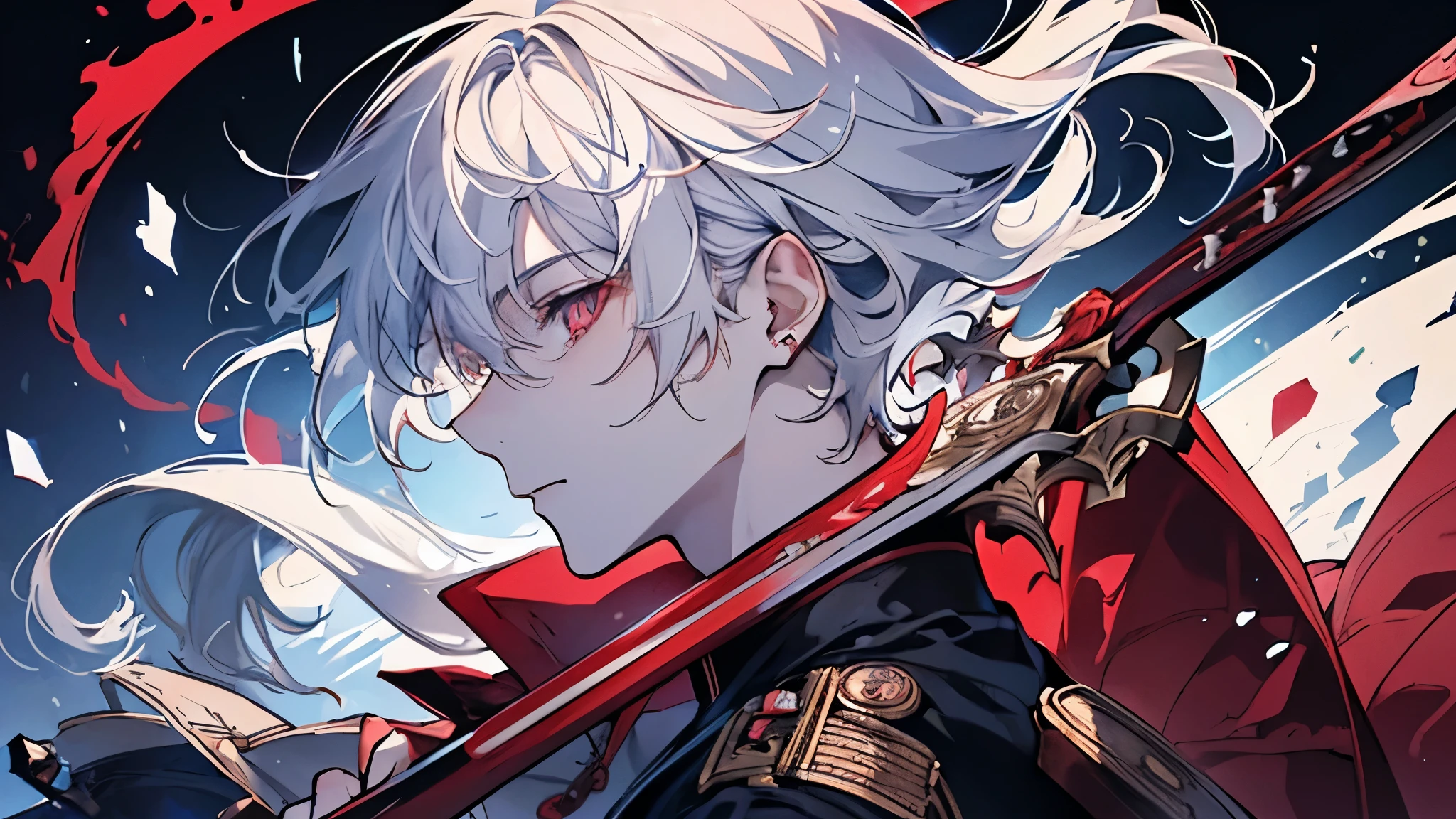 (highest quality,High resolution,Very detailed:1.2),Anime-style drawing of a beardless young man with white hair and red eyes, Wields the red and blue sword, Wearing a black jacket, Fine grain, extremely Fine grain
