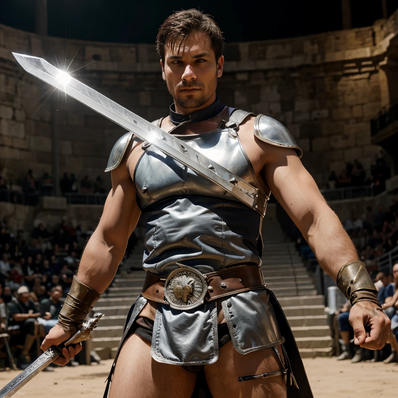 A man wearing mail amour with a long two handed sword and steel gloves along in a gladiator arena