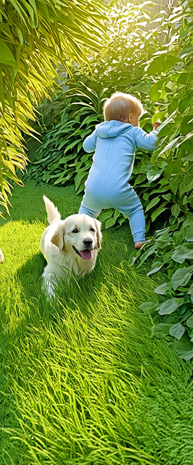 Imagine a playful yet gentle scene in a sunlit garden, where a small baby is hiding from a friendly, curious dog. The baby, dressed in a soft, light blue onesie, is peeking out from behind a large, leafy bush with giggles, while the dog, a fluffy golden retriever, is sniffing around with a wagging tail, looking for its tiny companion. The garden is vibrant with colorful flowers and butterflies fluttering around. The sun casts dappled light through the leaves, creating patterns on the ground. The air is filled with the sounds of birds chirping and the gentle rustle of leaves, adding a serene atmosphere to this heartwarming game of hide and seek."