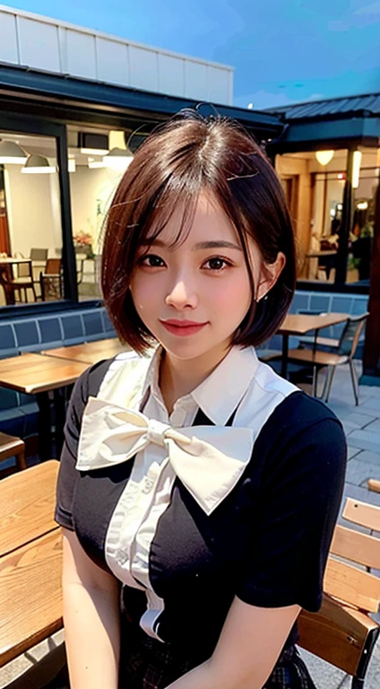 (8k, raw photos, best quality, tabletop:1.2), (realistic, Virtual image:1.37), very detailed, 1 woman,cute, alone,Beautifully detailed sky,Detailed cafe,nighttime,sit,Dating,(nose blush),(Light Smile:1.1), Medium bust,Beautifully detailed eyes,(collar shirt:1.1), bow tie,pleated skirt,(short hair:1.2),floating hair、black shirt
