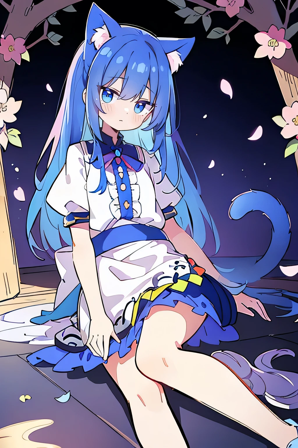 (masterpiece:1.2),Super detailed,Practical,expressive eyes,Fair skin,Perfect face shaping,1 Girl,
Japanese cartoons,Gorgeous blue hair, the long flowing blue hair,Floating clothes,Cat ears,Petals falling,beautiful lola,Young Angel,
Hands on waist,sit elegantly on the ground,Cross your legs,Gentle and peaceful background,Cool and cozy pavilion,Sunset,