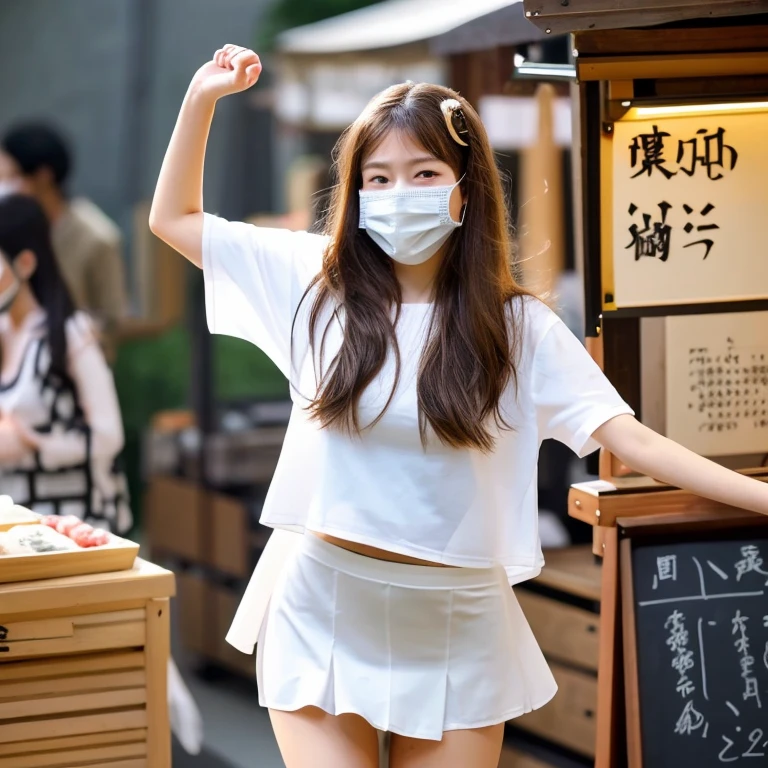 One Girl,Full Body Shot、Japanese,16 years old, Brown long hair、I have a few freckles,Working at a traditional Japanese food stall,Proper body balance,Ultra-high quality output images,High resolution,Intricate details,Very delicate and beautiful hair blowing in the wind,Photo Real,dream-like,Professional Lighting,Realistic Shadows,Focus Only,Beautiful Hands,Beautiful fingers,Detailed hair features,Detailed facial features, No bra、White small high leg panties,Skirt rip,,Dynamic pose、Chiffon skirt、Wear a large T-shirt、Mouth mask