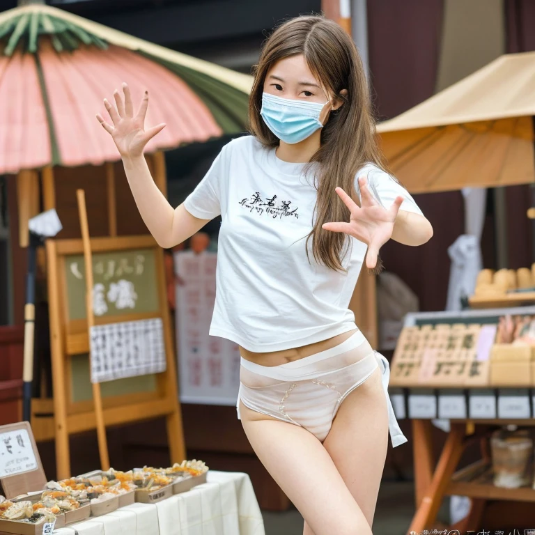 One Girl,Full Body Shot、Japanese,, Brown long hair、I have a few freckles,Working at a traditional Japanese food stall,Proper body balance,Ultra-high quality output images,High resolution,Intricate details,Very delicate and beautiful hair blowing in the wind,Photo Real,dream-like,Professional Lighting,Realistic Shadows,Focus Only,Beautiful Hands,Beautiful fingers,Detailed hair features,Detailed facial features, No bra、White small high leg panties,Skirt rip,,Dynamic pose、Chiffon skirt、Wear a large T-shirt、Mouth mask