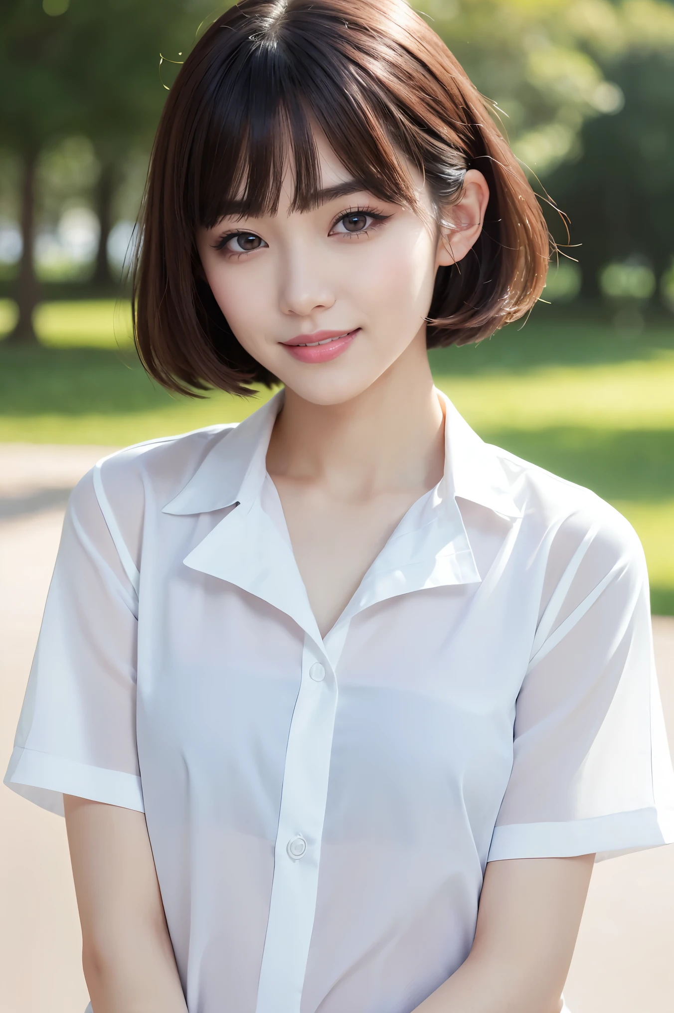 (highest quality、Tabletop、8k、Best image quality、Award-winning works)、Cute school girl、alone、Perfect beautiful composition、(A uniform shirt with a completely open chest:1.5)、(Unbutton your shirt to reveal your chest:1.5)、(Very small bare breasts exposed:1.5)、(Very short hair:1.1)、(Bangs cut in a straight line:1.1)、Slender body、(She looks at me with a shy smile:1.1)、(Strongly blurred park background:1.1)、Natural Makeup、Ultra-high definition beauty face、Ultra HD Hair、Ultra-high definition sparkling eyes、(Pure white skin shining in ultra-high definition:1.1)、Ultra-high quality glossy lips、Accurate anatomy、Ultra HD Hair、(Very bright:1.1)