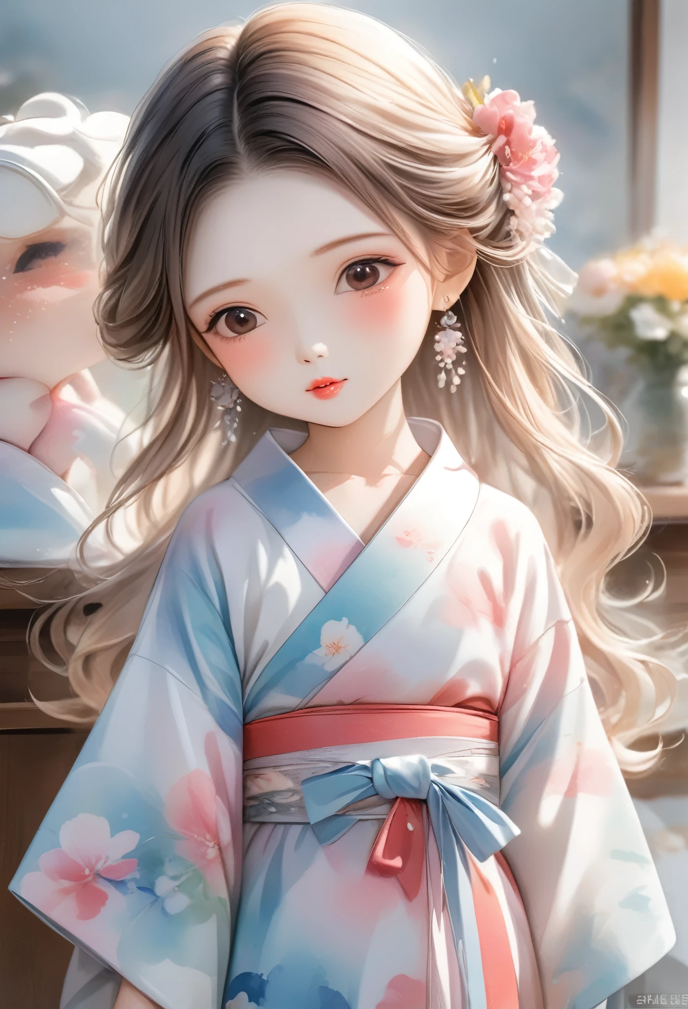 (masterpiece, best quality: 1.2),Barbie doll,，colloid， Sexy eyes，The expression of a kiss，Wet pink and white sexy lips， colloid皮肤，Slim body，earrings（（Watercolor pattern kimono）），full-body shot