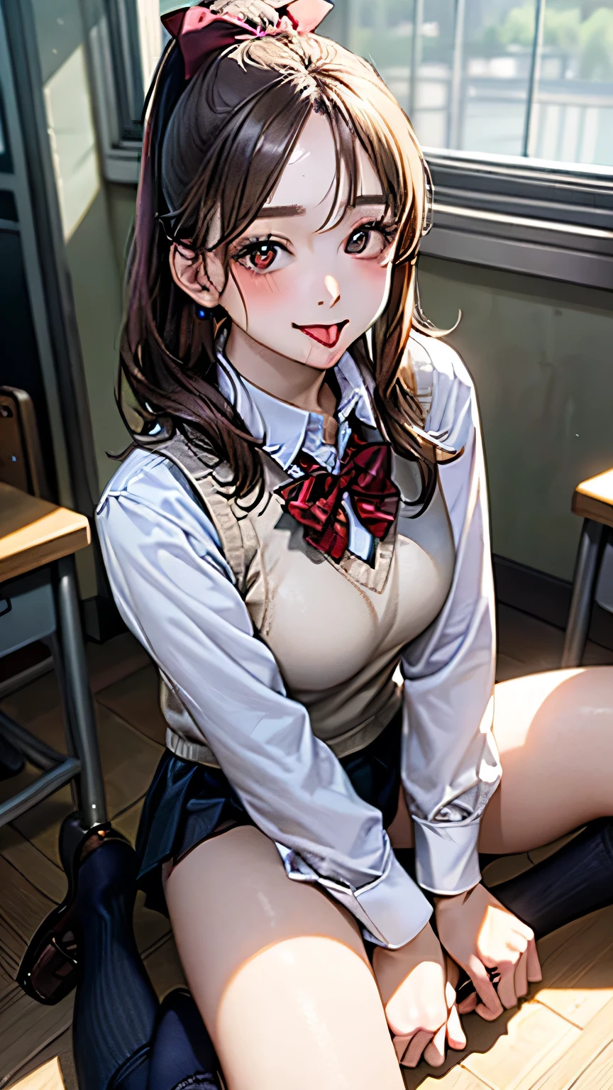 (masterpiece:1.2, highest quality), (Realistic, photoRealistic:1.4), Beautiful illustrations, (Natural Side Lighting, Cinema Lighting), Browsing Caution, (((Put on the collar.On all fours,Crawl,Place both hands and feet on the ground,Underwear in full view)),
View your audience, 3 girls, Japanese, high school girl, Perfect Face, Cute and symmetrical face, Shiny skin,
(Long Hair:1.8, ponytail:1.7, blonde), Parted bangs, Golden Eyes, Long eyelashes, (Large Breasts:1.5, Thick thighs),
Beautiful Hair, Beautiful Face, Beautiful details, Beautiful clavicle, Beautiful body, Beautiful breasts, Beautiful thighs, Beautiful legs, Beautiful fingers,
((((Long sleeve)), Roll up your sleeves, White collared shirt, Navy Pleated Mini Skirt, Black socks, Brown Loafers, Red bow tie, Sukesuke bra,Big earrings,big breasts protruding from the bra)), Pink Panties,
evening,classroom, (Sexy Eyes, squint,Watery eye,Troye), (((Spread your legs wide)))、Spread your legs、Spread your legs,(((Stick your tongue out,Embarrassed face,Embarrassed,blush))),Drooling,Sweat,Soaking wet,(((The uniform is peeling off,Underwear is visible,Panties in full view))),(((Shooting from under the crotch,Low - Angle,Crotch and chest are completely visible)))