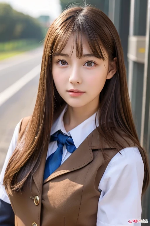 high school girl、Brown Hair、Porcelain-like skin、Large Breasts、uniform、Looking at this、Parallel eyebrows、Young face、Perfect Woman