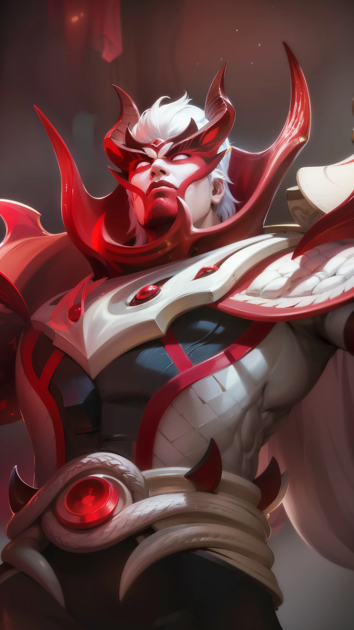 a close up of a man with a red and white costume on, onmyoji portrait, dota 2 concept art, painted portrait of mordekaiser, onmyoji detailed art, inspired by Huang Shen, dota character, dota 2 hero, hero from dota 2, onmyoji, 8k hd wallpaperjpeg artifact, 8 k hd wallpaperjpeg artifact, Best quality, masterpiece, detailed skin texture, detailed clothes texture, detailed face, super detail, 8k, intricate detail, 1 boy, The color doesn't change, Muscle guy, 1 guy, red eyes