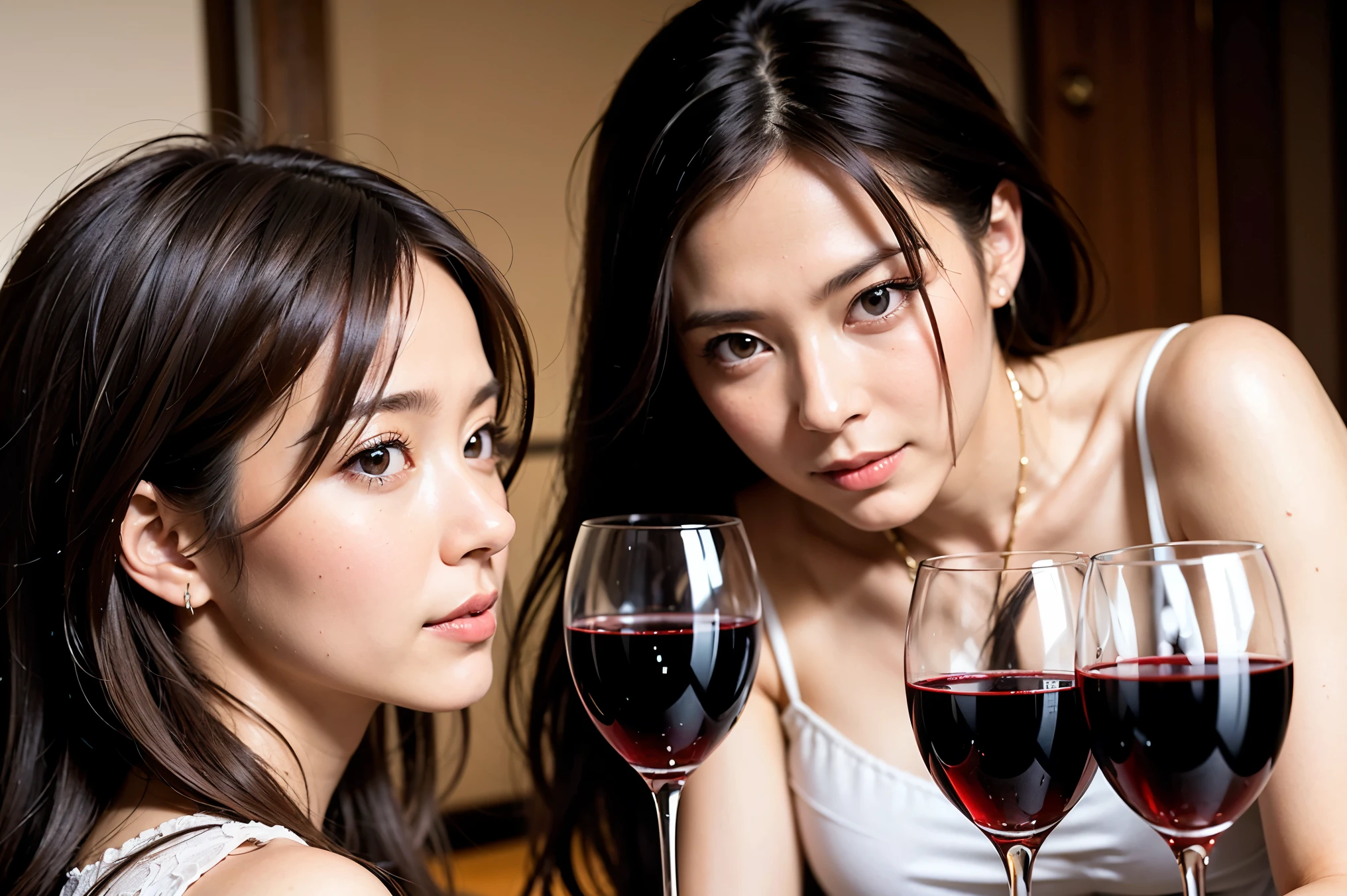 Identical twin sisters hugging each other、(8k、RAW photo、highest quality、masterpiece:1.2)、Super detailed、super resolution、(realistic、real photos:1.57)、dim bar counter、dimly lit store(fantastic lighting)stylish lighting、Fashionable and varied dresses、pretty dress、Fair-skinned legs coming out of the dress、champagne tower、Cute hostess cabaret is sitting on the sofa。。、Sexy woman in a dress sitting on a chair and drinking、A glass in the hostess's right hand、sexy cleavage、small breasts、small、pure white skin、beautiful thighs、beautiful feet、Human-ish、girls bar clerk、cute pose、white skin skin、Fair-skinned hostess、Very fair limbs、Highly detailed skin texture、Fashionable and sexy dresses、super high quality、、surprisingly detailed、Highly detailed beautiful girl、faces with different patterns、One person has a ponytail、Highly detailed face Highly detailed eyes、Very realistic skin、 とてもthin指, highly detailed nose, highly detailed mouth, perfect anatomy, , because I'thin, long straight hair, (dull bangs:1.2)、long eyelashes、pink eyeshadow、Girls who are good at makeup、