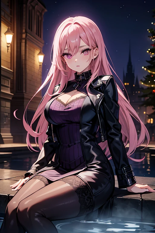 A pink haired woman with violet eyes with an hourglass figure in a leather jacket and lacy dress is smiling in the park at night