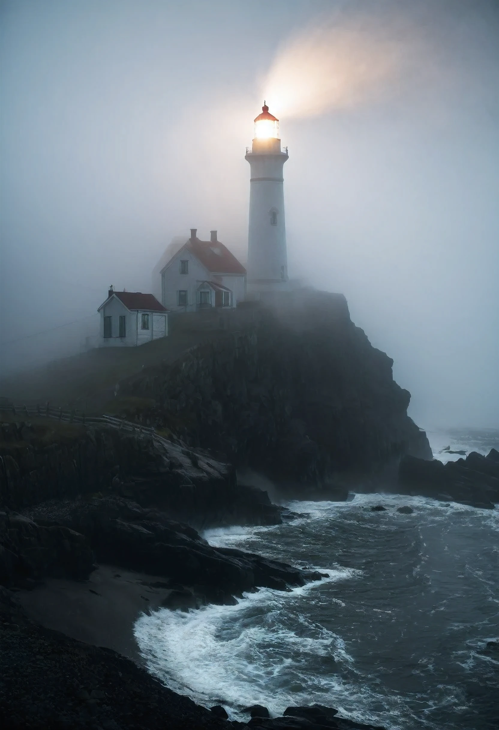make it more creepier and add shadow of a giant monster in the mist above the lighthouse