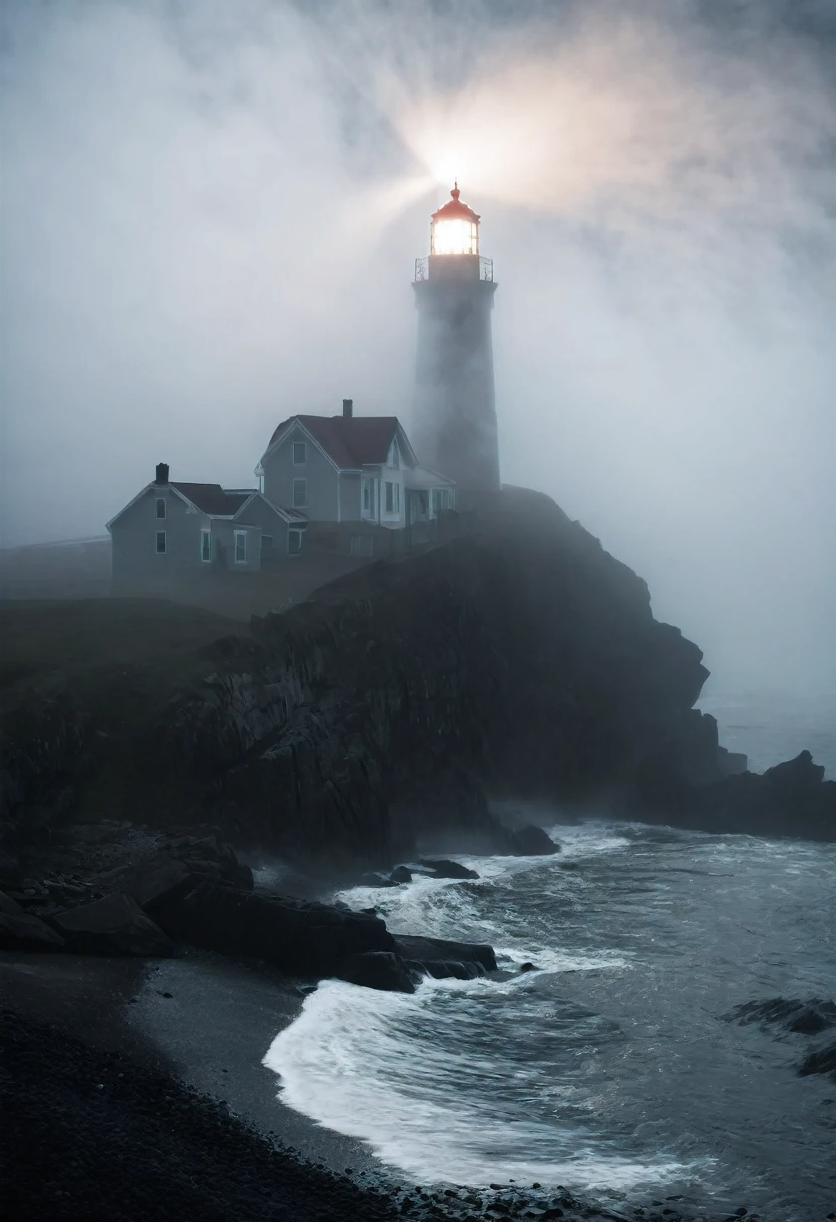 make it more creepier and add shadow of a giant monster in the mist above the lighthouse