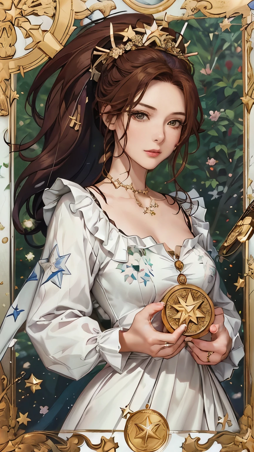 Korean woman, age 27, Tarot cards, ((Fingers hold a giant dollar coin with a star pattern floating in the air.)), Shoulder show dress, big coin, flower garden, flower theme, ((Roman frame)), lots of flowers, perfect hand, I pulled my hair back into a half ponytail., flower background, small breasts, Antler on the head