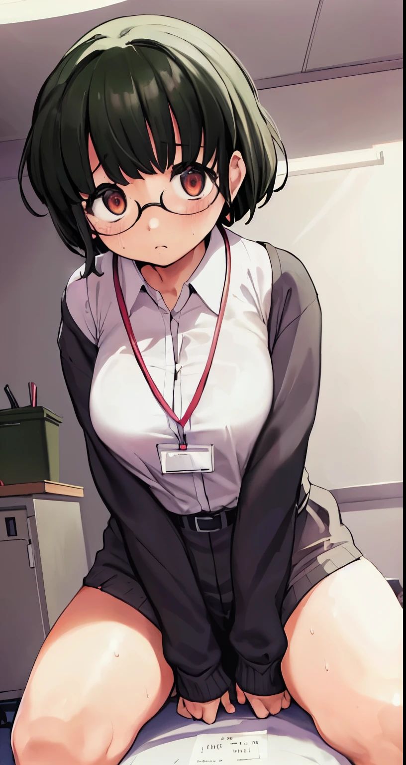 highest quality,(8K Portrait),(Official Art)、obesity、((short hair))、blush,((isark hair)),(Sweat),Black knee socks、One Woman,((:is))、hot、Office Room、Glasses、(Crouch:1.7)、(Wide-open legs:1.5)、whole body、Thin sweater