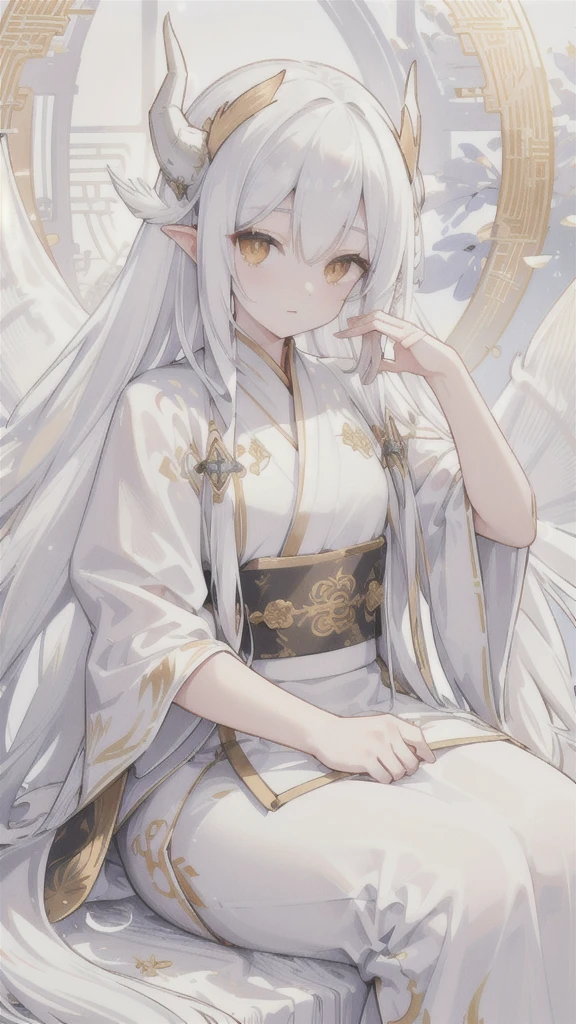 (best quality, highres, ultra-detailed:1.2), beautiful long white hair, stunning golden eyes, silver Hanfu armor, intricately designed white folding fan, white dragon horns, ethereal lighting, soft color palette