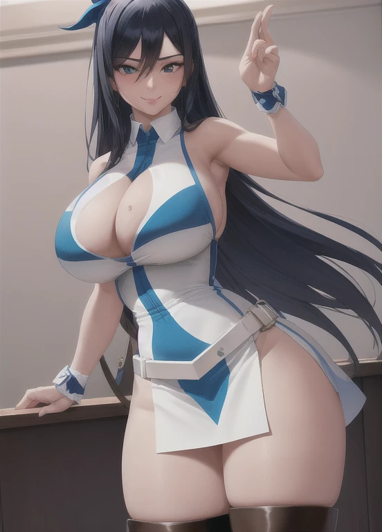 Lucy Hartfilia, White and blue sleeveless shirt, mini skirt, Belt Bags, Over the knee boots, (masterpiece, best quality:1.4), (modern), (Cowboy shooting), 1 Girl, Solitary, View, SFW, Amazing girlfriend, (permanent:1.1), Dynamic poses, heart shaped face, Elegant face, Pretty Face, The face is rich in detail, Very delicate skin, skin pores, Subsurface scattering, Practical pupils, Mid-?????, A loving smile, Looking at the audience, Full flush, Full lips, Detailed background, Depth of Field, Atmospheric perspective, Volumetric Lighting, Clear focus, absurd, Practical proportions, Good ???????, (Practical, hyperPractical:1.4), 16K HDR,, Huge ???? ???????,Showing cleavage， ???? big ???, Mature female, Sculptural figure, ???? body,, Curvy body