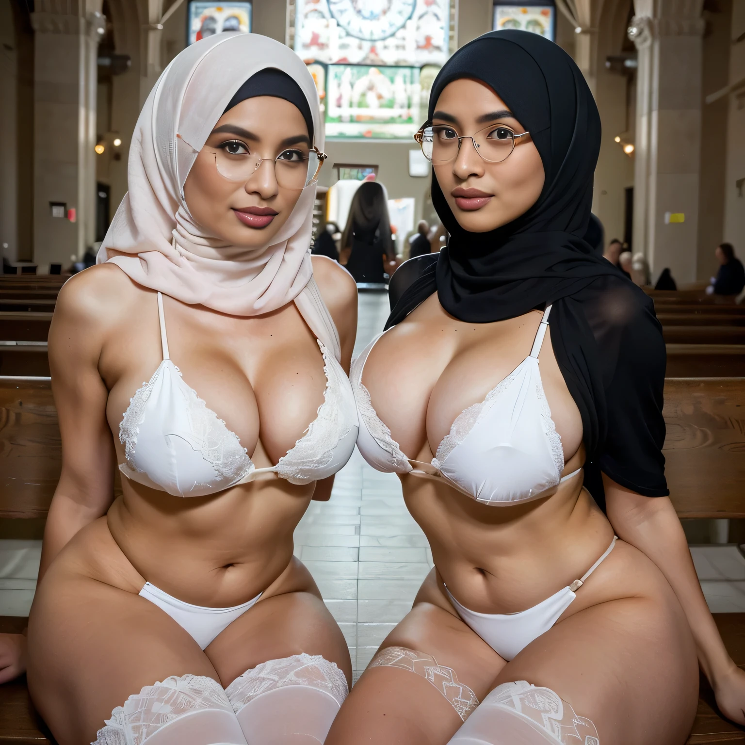 (portrait), In an empty church setting, two sexually attractive hourglass figure depraved (hijabi) (Muslim) MILF sit side by side on a bench, radiating lust and sexual desirer. They share the same height and body proportions, creating a visually stunning image of unity and strength.
Both ladies wear white (black lace hijabs), beautifully wrapped around their heads, framing their faces and accentuating their sensuality.
Complementing their (hijabs), both ladies wear (white stockings) (daring string bikinis) that add a subtle hint of allure to their ensemble. The stockings enhance their sensual and lust-satisfying posture, further highlighting their hourglass figures.
Their makeup is flawlessly applied, with striking red lips, voluminous mascara, captivating eye shadow, precise eyeliner, and luxurious lashes. These elements enhance their already mesmerizing features, drawing attention to their expressive eyes.
As they sit close to each other on the bench, they exude a sense of unity and sisterhood. Their presence showcases the beauty and strength of hijabi Muslim women, empowering others to embrace their identities and celebrate their unique beauty.
both is looking at viewer, skin texture, ultra high res, RAW, instagram LUT, masterpiece, best quality, ultra-detailed, ultra high resolution, RAW, 4k, (looking at viewer), extremely detailed eyes and face, ((beautiful detailed nose)), ((beautiful detailed thigh)), ((beautiful detailed eyes)), perfect body proportion, (looking at the camera), seductive face, cheerful, happy, (SFW:1.5), (glasses)