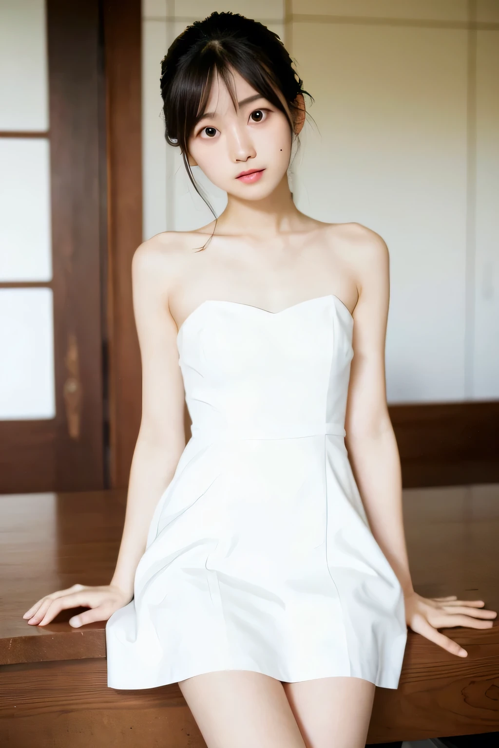 ((highest quality)), ((masterpiece)), (detailed), Perfect Face,Japanese,10th Generation,SLR,Thin arms,Thin legs,White Dress,Inside the room,Kind Face