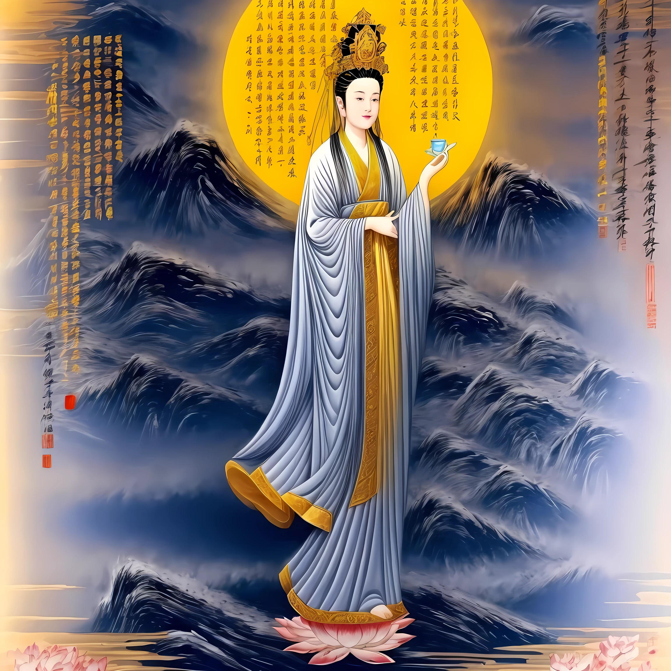 ((best quality)), ((masterpiece)),
((guanyin,1girl)),((chinese text,  text focus,wall of text)),water and mountain, lotus,full moon,hanfu,dress,chinese clothes,