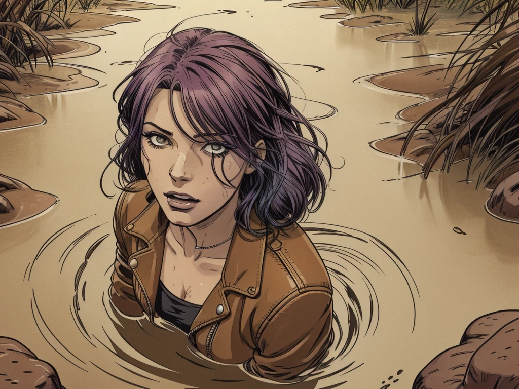vector image, 2d cartoon,masterpiece,night:1.2, close-up portrait, An anime woman head,colored hair, gloomy ecstasy:1.2,(completely drowning herself in the middle quicksand swamp:1.0), leather jacket, from above view